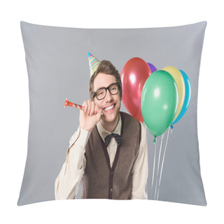 Personality  Smiling Man In Glasses And Party Cap Holding Multicolored Balloons And Party Horn On Grey Background Pillow Covers