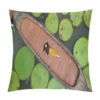 Personality  Asian Woman Relaxing On A Long Tail Boat Surrounded By Giant Victoria Waterlillies In Tropical Rainforest At Phuket Thailand Pillow Covers
