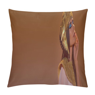Personality  Brunette Woman With Bold Makeup Wearing Egyptian Headdress While Posing Isolated On Brown, Banner Pillow Covers
