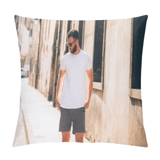 Personality  Hipster Handsome Male Model With Beard Wearing White Blank T-shirt With Space For Your Logo Or Design In Casual Urban Style Pillow Covers
