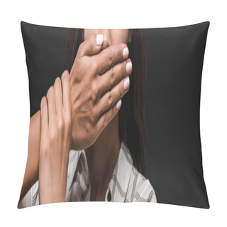 Personality  Panoramic Shot Of Scared Young Woman Covering Mouth Isolated On Black  Pillow Covers