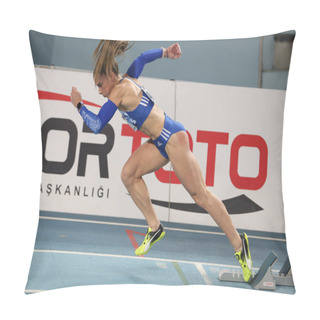 Personality  ISTANBUL, TURKEY - FEBRUARY 15, 2020: Undefined Athlete Running During Balkan Athletics Indoor Championships Pillow Covers