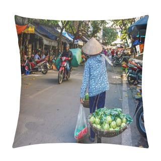 Personality  HANOI, VIETNAM - OCTOBER 28, 2019: Local Vendors Selling Food At Old Quarter Morning Market In Hanoi, Vietnam Pillow Covers