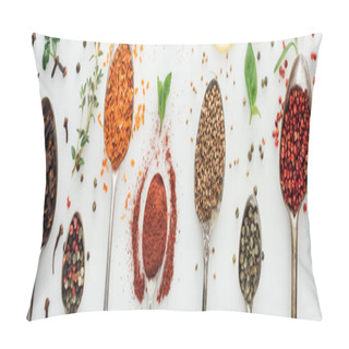 Personality  Panoramic Shot Of Colorful Spices In Silver Spoons Near Green Leaves On White Background Pillow Covers