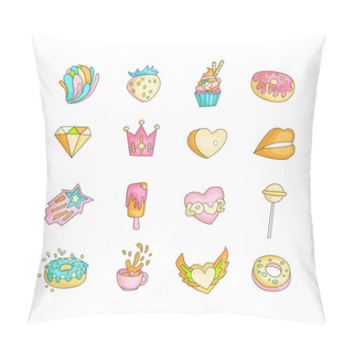 Personality  Cute Funny Girl Teenager Colored Icon Set, Fashion Cute Teen And Princess Icons. Magic Fun Cute Girls Objects - Cupcakes, Sweets, Diamonds, Lips, Crowns And Other Hand Draw Teens Icon Collection. Pillow Covers
