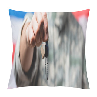 Personality  Partial View Of Patriotic Military Man Holding Keys Near American Flag On Blurred Background Pillow Covers