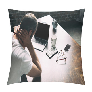 Personality  High Angle View Of Depressed Young Man With Laptop On Table Pillow Covers