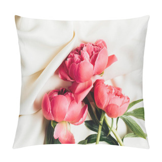 Personality  Top View Of Bouquet Of Pink Peonies On White Cloth Pillow Covers