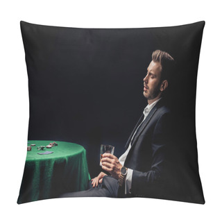 Personality  Upset Bearded Man Holding Glass Near Poker Table Isolated On Black  Pillow Covers