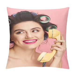 Personality  Woman Gracefully Holding Retro Phone. Pillow Covers
