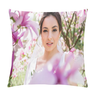 Personality  Brunette Bride Looking At Camera Near Blurred Magnolia Flowers  Pillow Covers