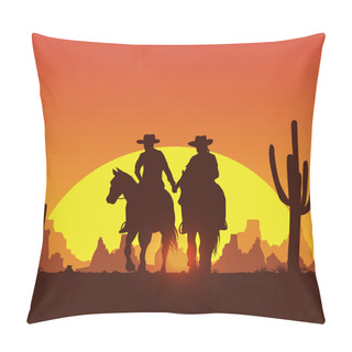 Personality  Silhouette Of Cowboy Couple Riding Horses At Sunset, Vector Pillow Covers