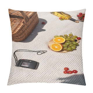 Personality  Summer Picnic Concept, Food, Bottle, Wine, Wicker Basket, Oranges, Grapes, Vintage Camera, Top View Pillow Covers