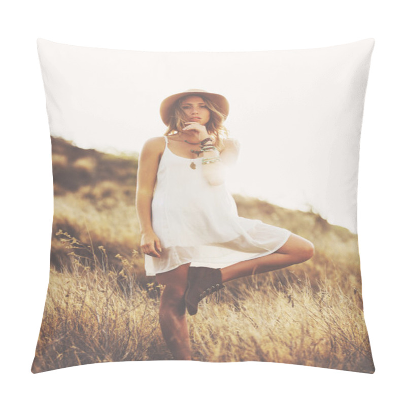 Personality  Fashion Portrait of Beautiful Young Woman Backlit at Sunset pillow covers