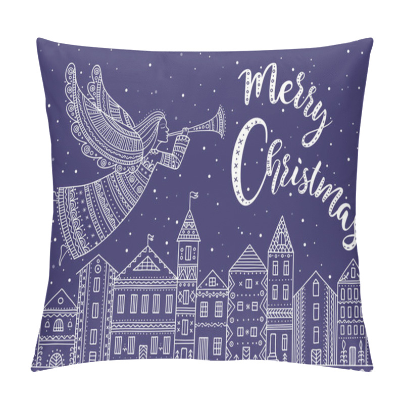 Personality  Merry Christmas angel with horn  flying above night city pillow covers