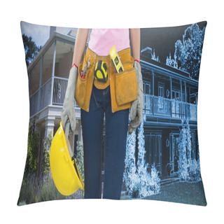 Personality  Woman With Tool Belt And Holding Hard Hat Against Home Sketch Pillow Covers