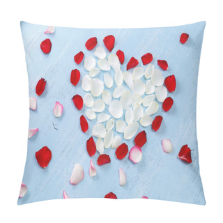 Personality  Heart Of Rose Petals On Blue Wooden Board. Pillow Covers