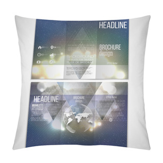 Personality  Vector Set Of Tri-fold Brochure Design Template On Both Sides With World Globe Element. Abstract Multicolored Background, Bokeh Lights And Stars.  Scientific Or Digital Design, Science Vector Pillow Covers