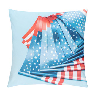 Personality  Close Up View Of Satin American Flags On Blue Background Pillow Covers