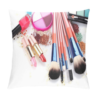 Personality  Make-up Brushes In Holder And Cosmetics Isolated On White Pillow Covers