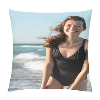 Personality  Portrait Of Happy Woman In Black Swimwear Near Sea Pillow Covers