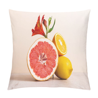 Personality  Floral And Fruit Composition With Red Alstroemeria And Citrus Fruits On Beige Background Pillow Covers
