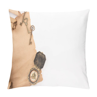 Personality  Top View Of Vintage Compass, Keys And Aged Parchment Paper Isolated On White Pillow Covers