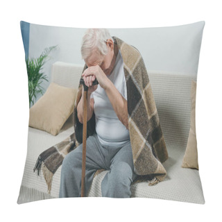 Personality  Tired Senior Man Wearing Plaid Leans On A Cane While Sitting On Sofa Pillow Covers