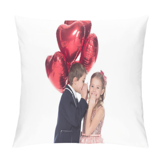 Personality  Stylish Little Boy Holding Heart Shaped Balloons And Whispering To Smiling Beautiful Little Girl Isolated On White Pillow Covers