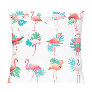 Personality  Flamingo Vector Tropical Pink Flamingos And Exotic Bird With Palm Leaves Illustration Set Of Fashion Birdie Isolated On White Background Pillow Covers