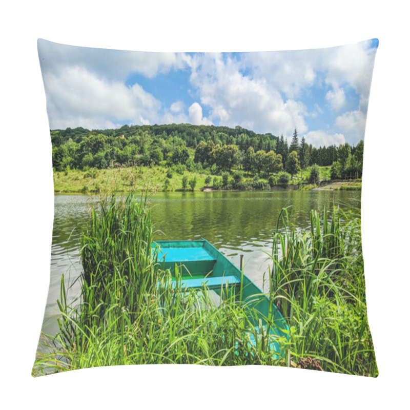 Personality  Wooden pier or jetty and a boat on lake sunset and sky reflection water. pillow covers