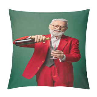 Personality  Cheerful Santa With White Beard Pouring Flute Glass With Champagne On Green Backdrop, Winter Concept Pillow Covers
