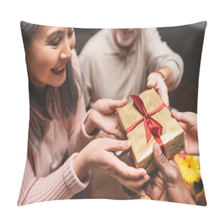 Personality  Cropped View Of Multicultural Friends Giving Present To Smiling Asian Woman During Dinner  Pillow Covers