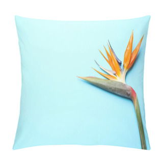 Personality  Bird Of Paradise Tropical Flowers On Light Blue Background, Top View. Space For Text Pillow Covers