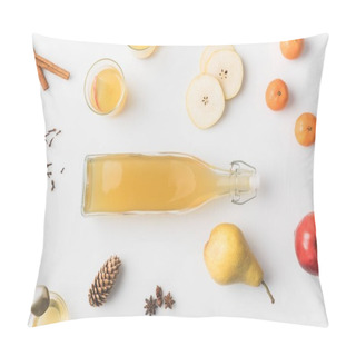 Personality  Top View Of Bottle Of Cider With Ingredients Around On White Tabletop Pillow Covers