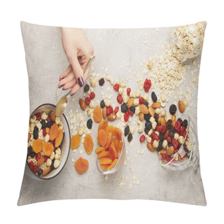 Personality  Cropped View Of Woman Holding Spoon Near Bowls With Muesli, Dried Apricots And Berries, Nuts On Textured Grey Surface With Messy Scattered Ingredients Pillow Covers