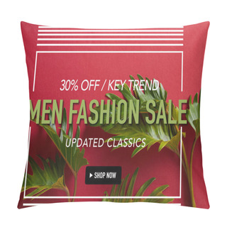 Personality  Top View Of Tropical Green Leaves On Red Background With Men Fashion Sale Illustration Pillow Covers