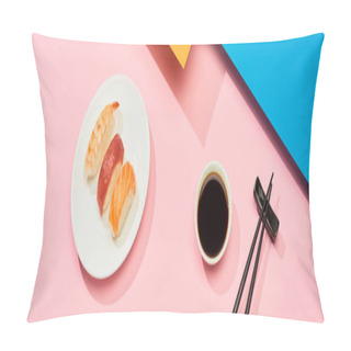 Personality  Fresh Nigiri With Salmon, Tuna And Shrimp Near Soy Sauce And Chopsticks On Blue, Pink, Orange Surface, Panoramic Shot Pillow Covers