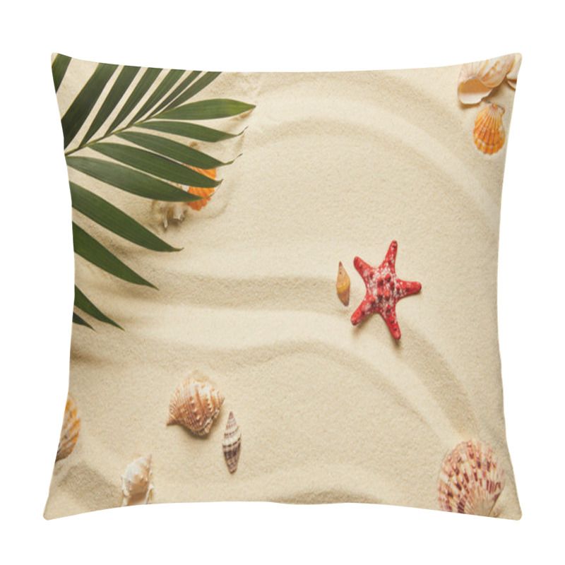 Personality  top view of green palm leaf near red starfish and seashells on sandy beach  pillow covers