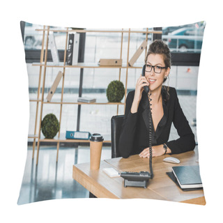 Personality  Smiling Beautiful Businesswoman Talking By Stationary Telephone In Office And Looking At Camera Pillow Covers