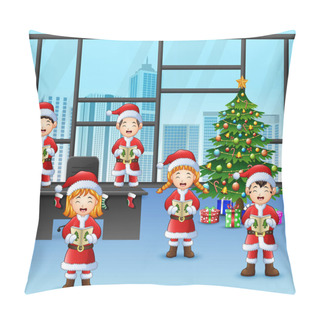 Personality  Cartoon Of Group Children In Santa Singing Christmas Carols Pillow Covers
