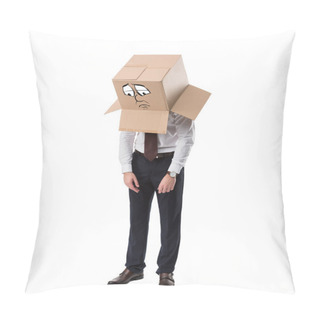 Personality  Exhausted Businessman With Cardboard Box On Head Standing Isolated On White  Pillow Covers