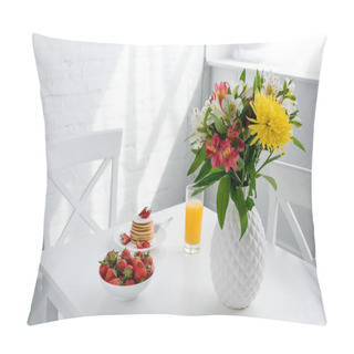 Personality  Tasty Pancakes With Strawberries And Flowers In Vase On Table Pillow Covers