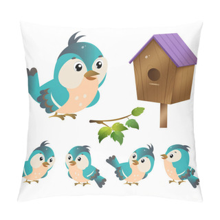 Personality  Color Images Of Cartoon Bird With Birdhouse On White Background. Vector Illustration Set For Kids. Pillow Covers