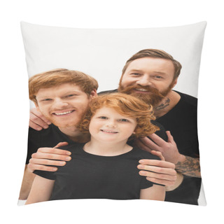 Personality  Family Portrait Of Redhead Boy With Happy Father And Bearded Grandpa Embracing Isolated On Grey Pillow Covers