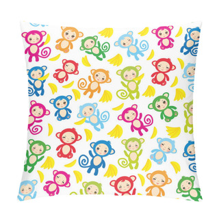 Personality  Seamless Pattern With Funny Green Blue Pink Orange Monkey, Yellow Bananas, Boys And Girls On White Background. Vector Pillow Covers