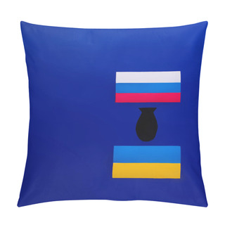 Personality  Top View Of Paper Bomb Between Russian And Ukrainian Flag On Blue Background Pillow Covers