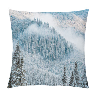Personality  Scenic View Of Snowy Pine Trees And White Fluffy Clouds In Mountains Pillow Covers