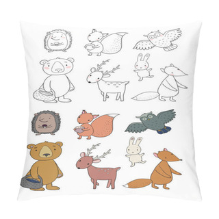 Personality  Animals Of The Forest. Set With Cute Cartoon Bears, Fox, Hare And Squirrel, Owl And Deer. Design For Children Pillow Covers