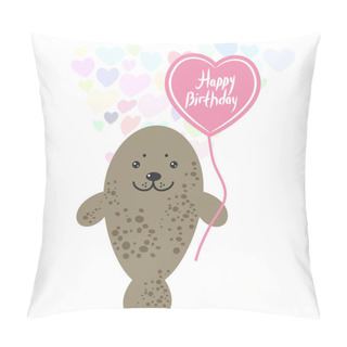 Personality  Happy Birthday Cute Kawaii Gray Fur Seals With Balloon In The Shape Of Heart, Pastel Colors On White Background. Card Design. Vector Illustration Pillow Covers